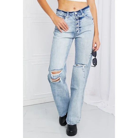 Kancan Button Fly Distressed Raw Hem Straight leg Jeans - Picture 3 of 7